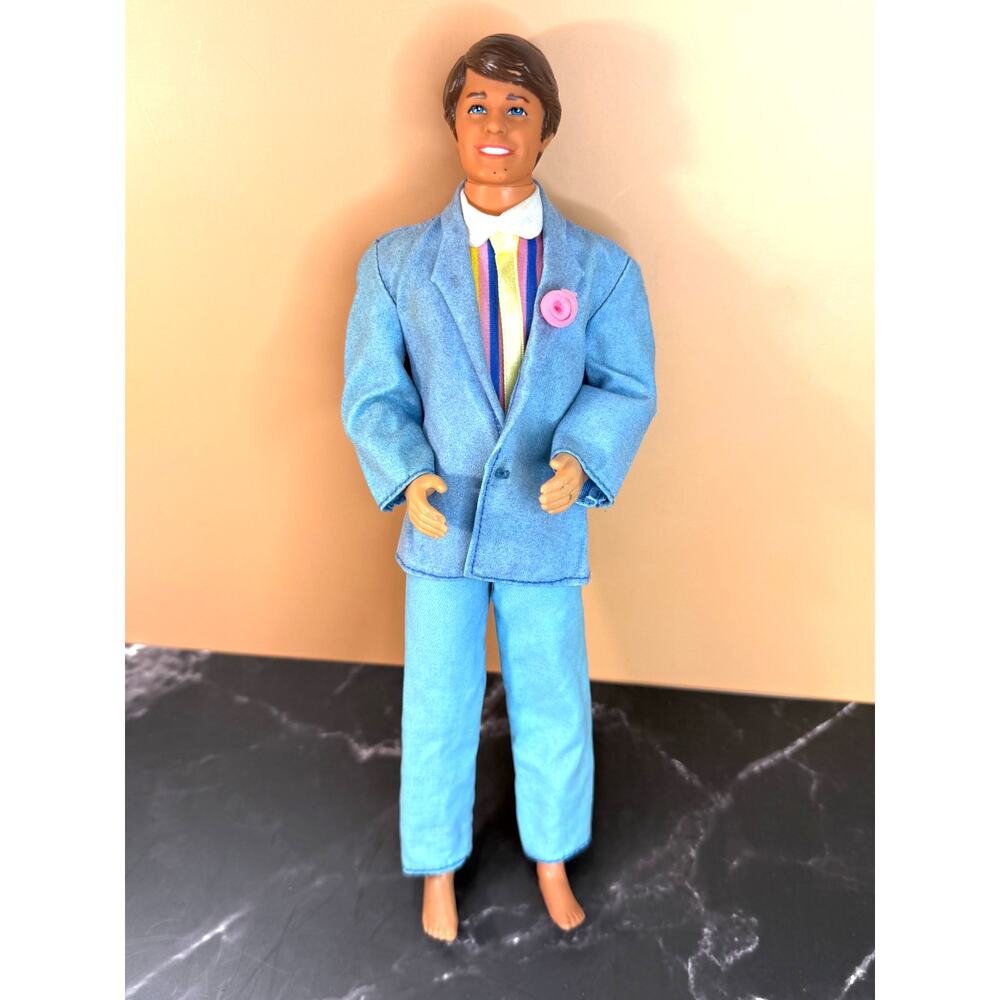 1968 Bridal Groom Ken Wearing Blue Velvet Suit Striped Shirt Tie Articulate Arms
